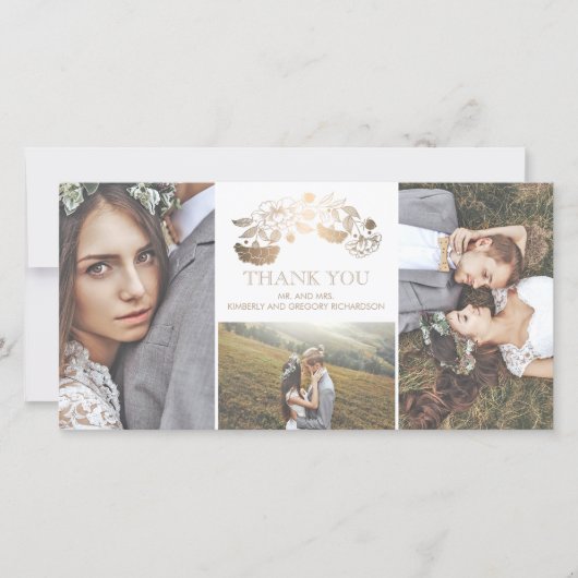 白と金ゴールドのフローラ結婚に感謝 サンキューカード (正面)