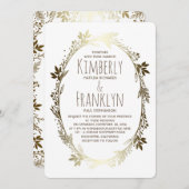 白と金ゴールドのフローラ結婚リース 招待状 (正面/裏面)
