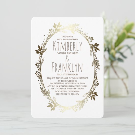 白と金ゴールドのフローラ結婚リース 招待状 (スタンド正面)