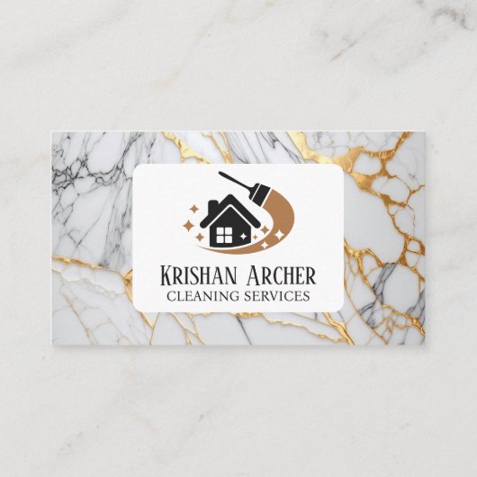 白と金ゴールドのマーブルハウスクリーニングサービスメイド 名刺 (裏面)