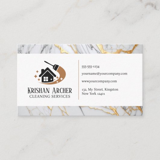 白と金ゴールドのマーブルハウスクリーニングサービスメイド 名刺 (正面)