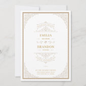 白と金ゴールドのヴィンテージフレーム日付の保存 招待状 (正面)