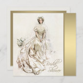 白と金ゴールドのヴィンテージブライダルシャワー 招待状 (正面/裏面)