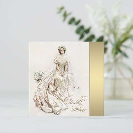 白と金ゴールドのヴィンテージブライダルシャワー 招待状 (スタンド正面)
