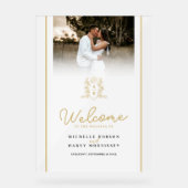 白と金ゴールドの冠のモノグラム結婚の写真 アクリルサイン (正面)