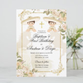 白と金ゴールドの双子の男の子の招待 招待状 (スタンド正面)