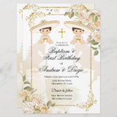 白と金ゴールドの双子の男の子の招待 招待状 (正面/裏面)