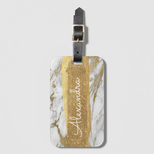 白と金ゴールドの大理石と金箔とグリッター ラゲッジタグ (正面縦)