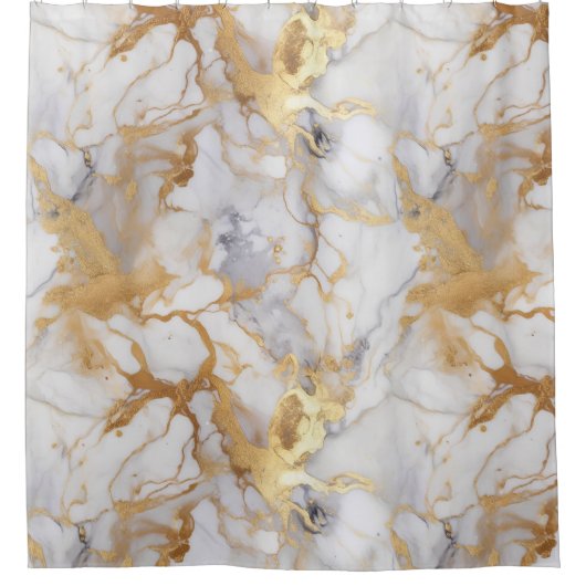 白と金ゴールドの大理石効果 シャワーカーテン (正面)