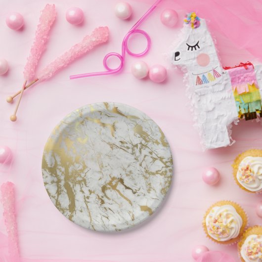 白と金ゴールドの大理石紙プレート ペーパープレート (パーティー)