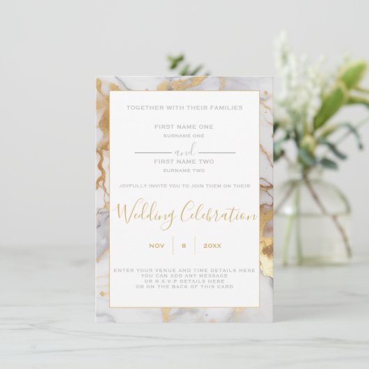 白と金ゴールドの大理石縁ど結婚式招待状 招待状 (スタンド正面)