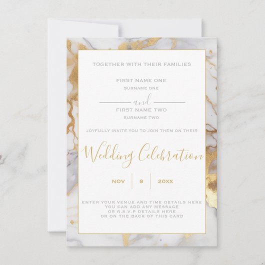 白と金ゴールドの大理石縁ど結婚式招待状 招待状 (正面)