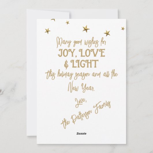 白と金ゴールドの家族カスタム1写真クリスマス シーズンカード (裏面)