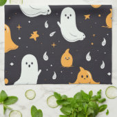 白と金ゴールドの幽霊スターズブラックハロウィーン キッチンタオル (折り畳み)