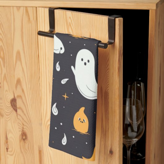 白と金ゴールドの幽霊スターズブラックハロウィーン キッチンタオル (三つ折り)