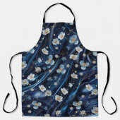 白と金ゴールドの抽象芸術の花Simmery Blue Silk エプロン (正面)