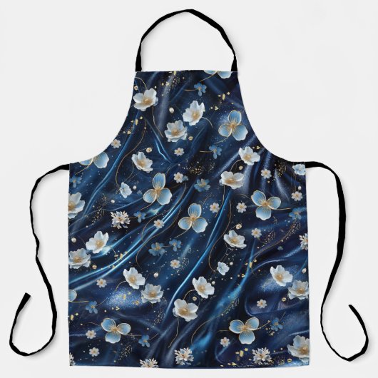 白と金ゴールドの抽象芸術の花Simmery Blue Silk エプロン (正面)