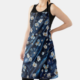 白と金ゴールドの抽象芸術の花Simmery Blue Silk エプロン