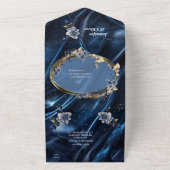白と金ゴールドの抽象芸術の花Simmery Blue Silk オールインワン招待状 (外側)