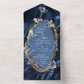 白と金ゴールドの抽象芸術の花Simmery Blue Silk オールインワン招待状 (内側)