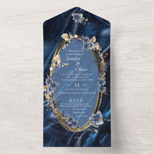 白と金ゴールドの抽象芸術の花Simmery Blue Silk オールインワン招待状 (内側)