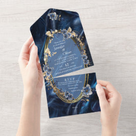 白と金ゴールドの抽象芸術の花Simmery Blue Silk オールインワン招待状