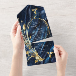 白と金ゴールドの抽象芸術の花Simmery Blue Silk オールインワン招待状