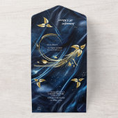 白と金ゴールドの抽象芸術の花Simmery Blue Silk オールインワン招待状 (外側)