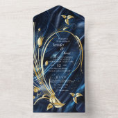白と金ゴールドの抽象芸術の花Simmery Blue Silk オールインワン招待状 (内側)