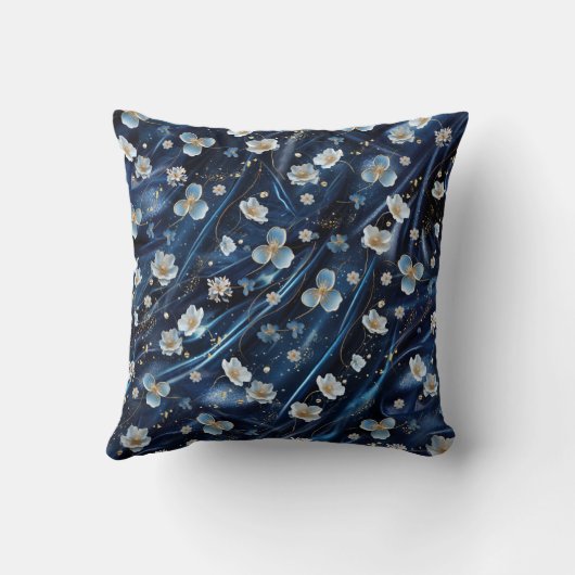 白と金ゴールドの抽象芸術の花Simmery Blue Silk クッション (裏面)