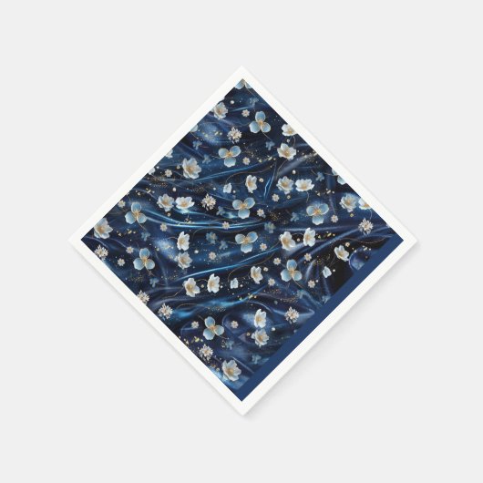 白と金ゴールドの抽象芸術の花Simmery Blue Silk スタンダードカクテルナプキン (角)