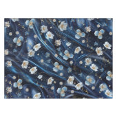白と金ゴールドの抽象芸術の花Simmery Blue Silk テーブルクロス (正面(横))