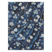 白と金ゴールドの抽象芸術の花Simmery Blue Silk テーブルクロス (正面)