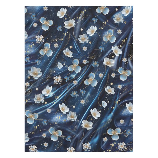 白と金ゴールドの抽象芸術の花Simmery Blue Silk テーブルクロス (正面)
