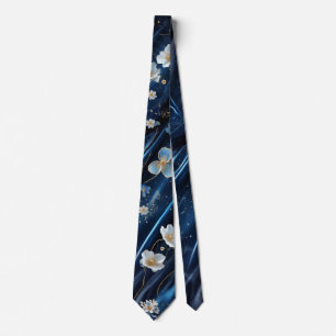 白と金ゴールドの抽象芸術の花Simmery Blue Silk ネクタイ