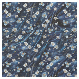 白と金ゴールドの抽象芸術の花Simmery Blue Silk ファブリック