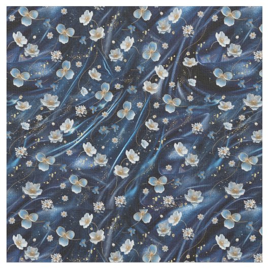 白と金ゴールドの抽象芸術の花Simmery Blue Silk ファブリック (クローズアップ)