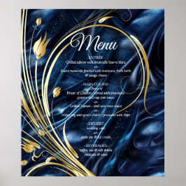 白と金ゴールドの抽象芸術の花Simmery Blue Silk ポスター