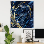 白と金ゴールドの抽象芸術の花Simmery Blue Silk ポスター (ホームオフィス)