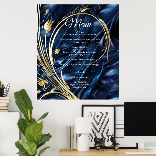 白と金ゴールドの抽象芸術の花Simmery Blue Silk ポスター (ホームオフィス)