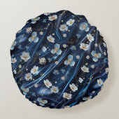 白と金ゴールドの抽象芸術の花Simmery Blue Silk ラウンドクッション (裏面)