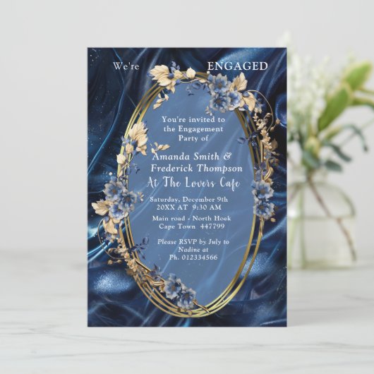 白と金ゴールドの抽象芸術の花Simmery Blue Silk 招待状 (スタンド正面)