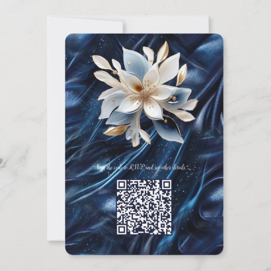 白と金ゴールドの抽象芸術の花Simmery Blue Silk 招待状 (裏面)