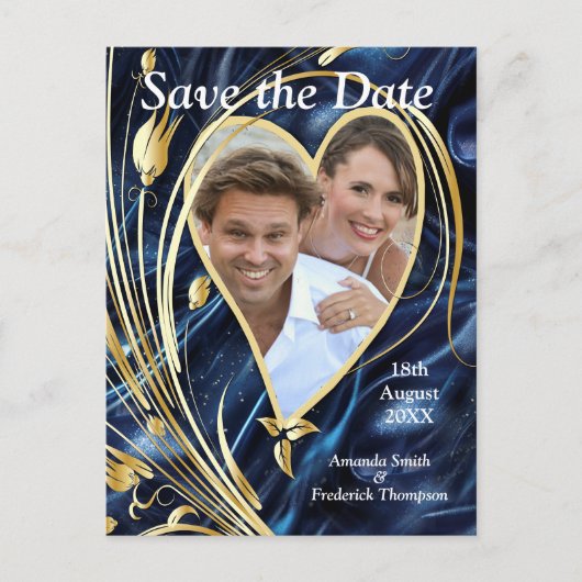 白と金ゴールドの抽象芸術の花Simmery Blue Silk 案内ポストカード (正面)