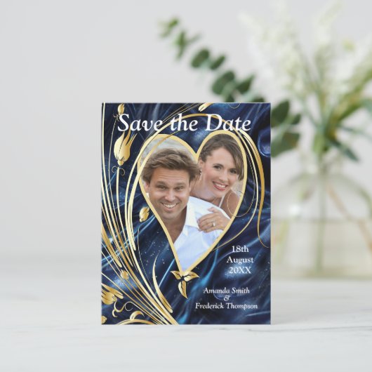 白と金ゴールドの抽象芸術の花Simmery Blue Silk 案内ポストカード (スタンド正面)