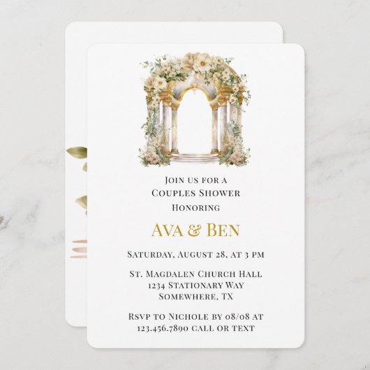 白と金ゴールドの教会のカップルのシャワー 招待状 (正面/裏面)