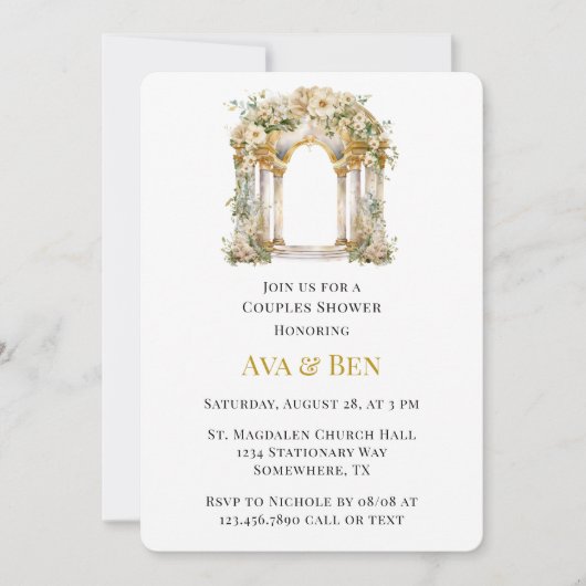 白と金ゴールドの教会のカップルのシャワー 招待状 (正面)