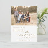白と金ゴールドの新年の平和と幸福の写真 シーズンカード (スタンド正面)