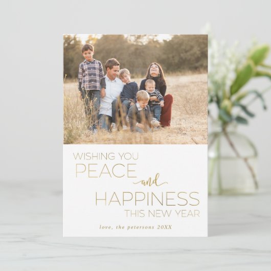 白と金ゴールドの新年の平和と幸福の写真 シーズンカード (スタンド正面)