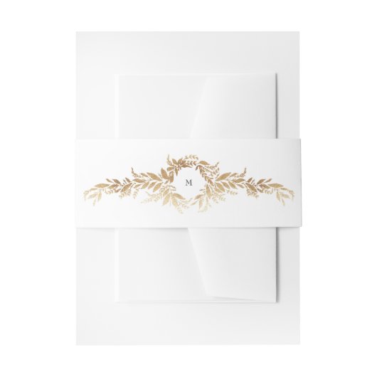 白と金ゴールドの植物性リースモノグラム結婚ズ 招待状ベリーバンド (正面例)